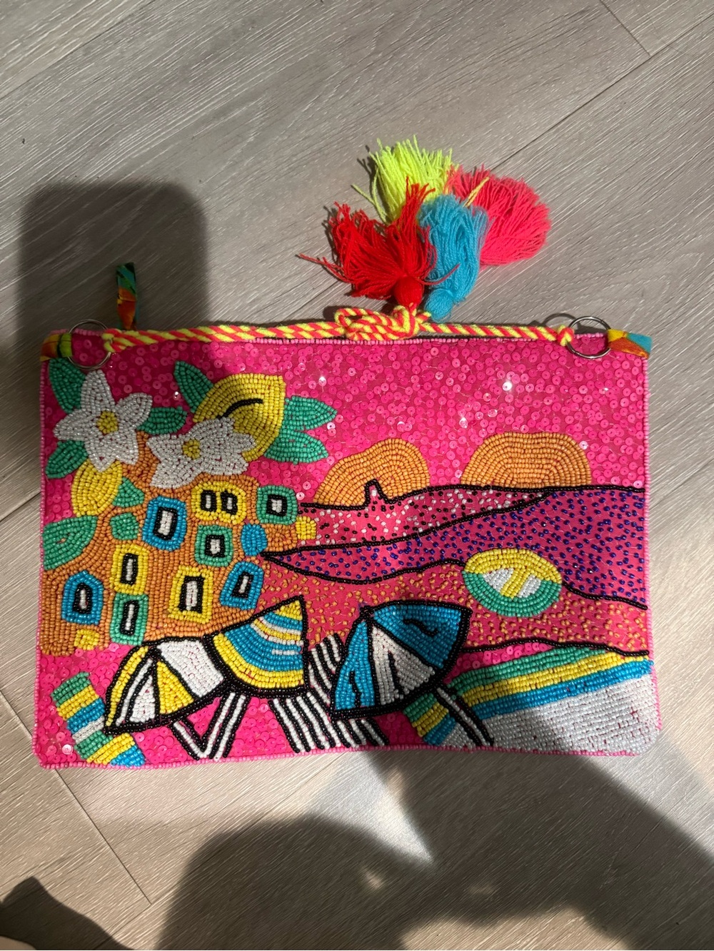 Hand-Beaded Pink Sequin Beach Clutch with Tassel Accent